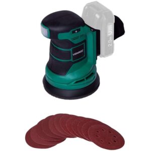 Slefuitor orbital VONROC OS503DC, compatibil cu acumulatori 20V, turatie max. 10.000/min, prindere scai, cutie colectare praf cu filtru, 12x foi hartie de slefuit, Verde/Negru,...