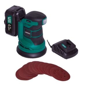 Slefuitor orbital VONROC S3_OS503DC, 4.0Ah 20V, turatie max. 10.000/min, prindere scai, cutie colectare praf cu filtru, 12x foi hartie de slefuit, Verde/Negru, baterie 4.0Ah si...