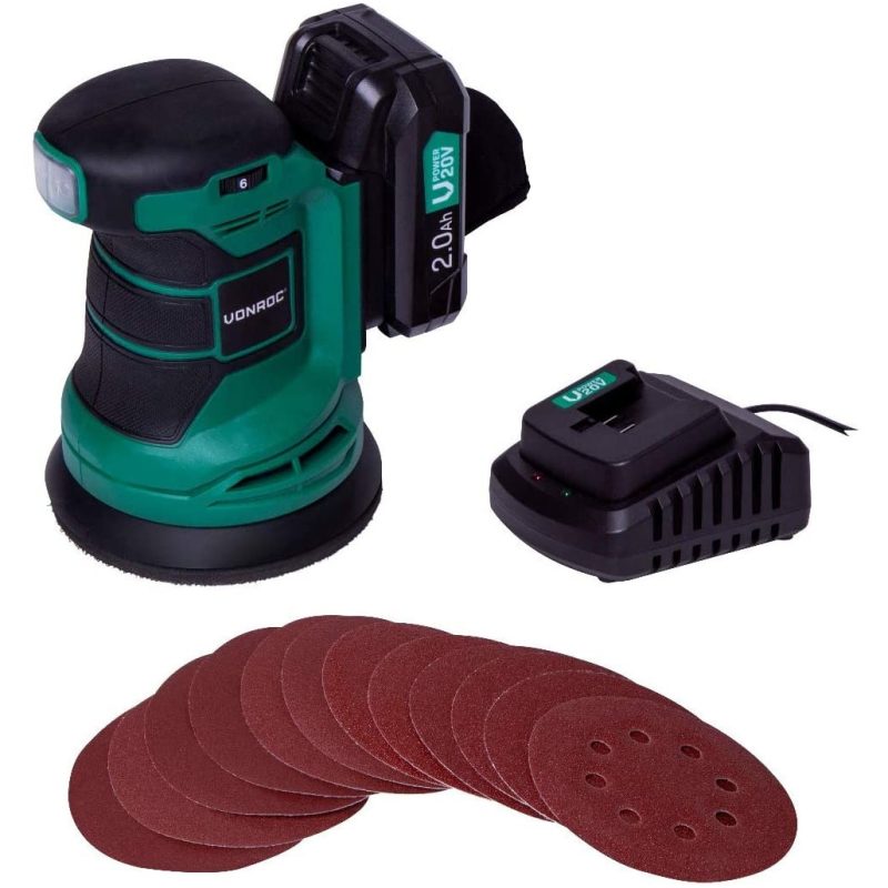 Slefuitor orbital VONROC S_OS503DC, 2.0Ah 20V, turatie max. 10.000/min, prindere scai, cutie colectare praf cu filtru, 12x foi hartie de slefuit, Verde/Negru baterie 2.0Ah si...